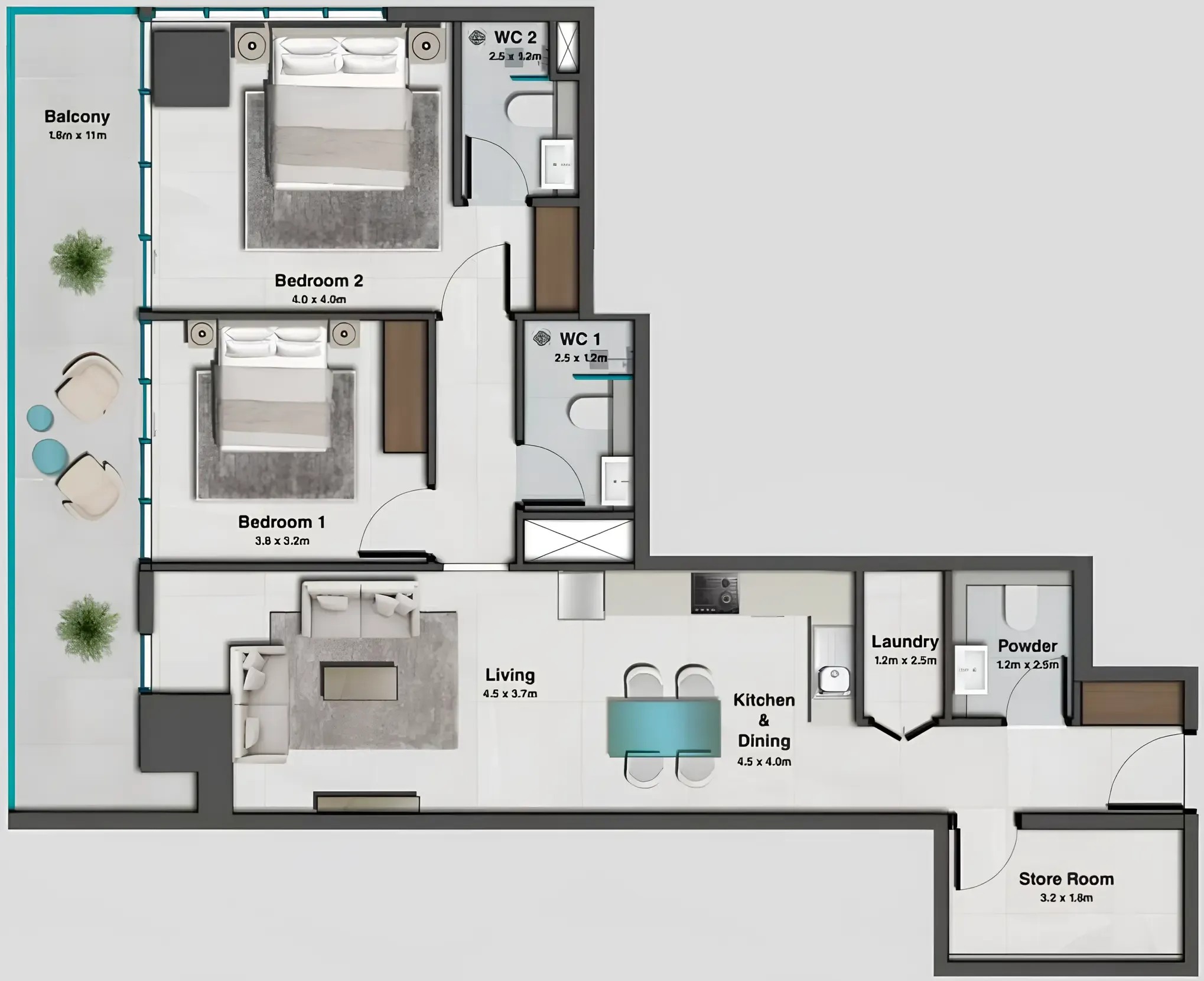 Sky Hills Residence 2 2 bed floor plan, 1,278 sqft