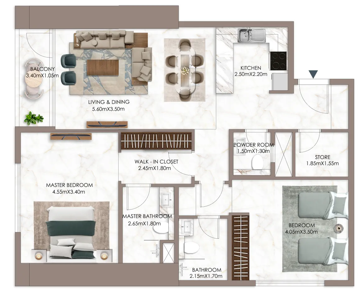 Sky Gardens Tower 2 bed floor plan, 1,492 sqft