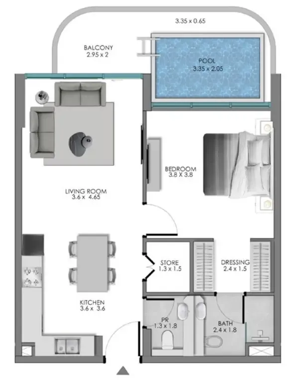 Samana Ocean Bay 1 bed floor plan, 829 sqft