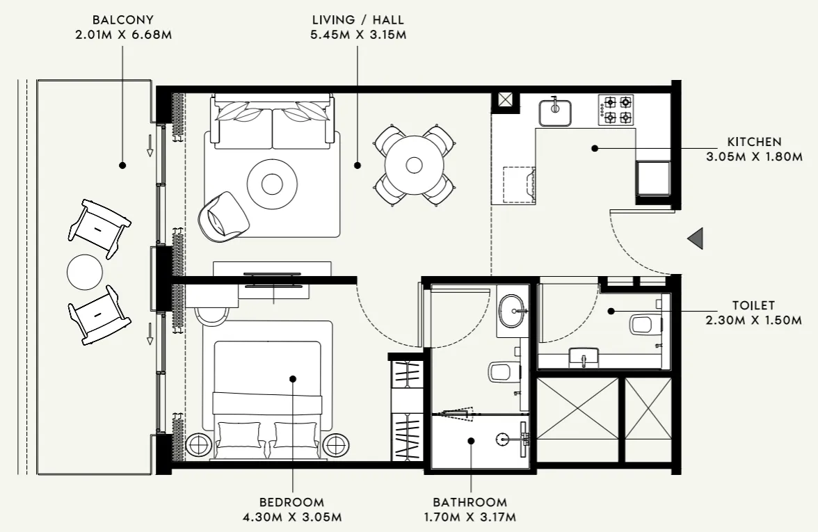 Azizi Venice 1 bed floor plan, 736 sqft