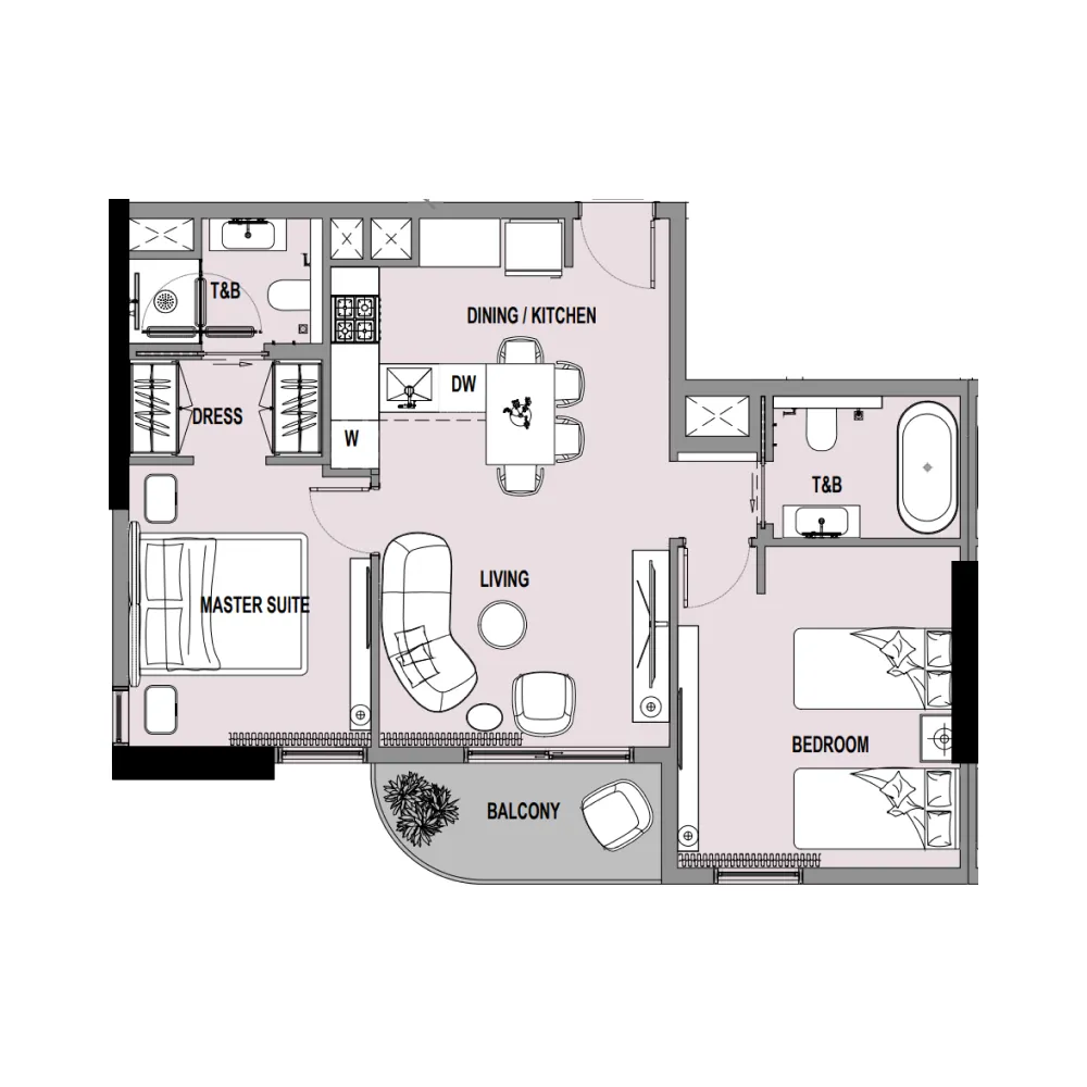 Verso 2 bed floor plan, 790 sqft