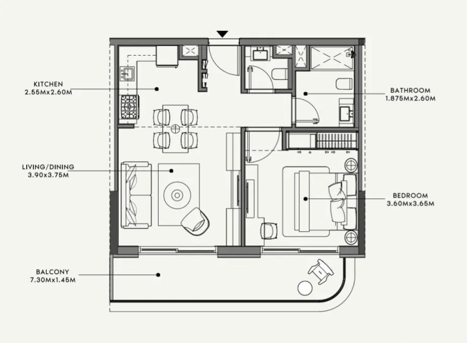 Azizi Venice 1 bed floor plan, 689 sqft