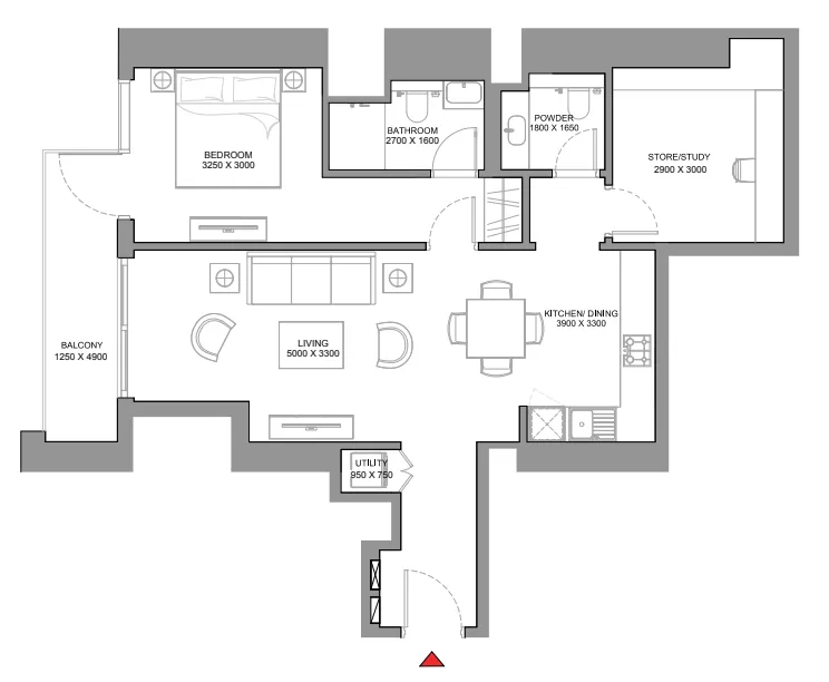 330 Riverside Crescent 1 bed floor plan, 900 sqft