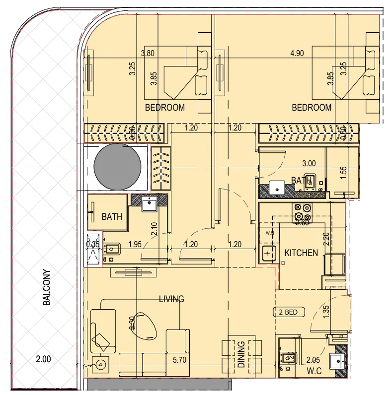 Binghatti Sky Terraces 2 bed floor plan, 1,090 – 1,279 sqft