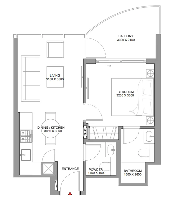 Sobha Aquamont 1 bed floor plan, 566 – 569 sqft