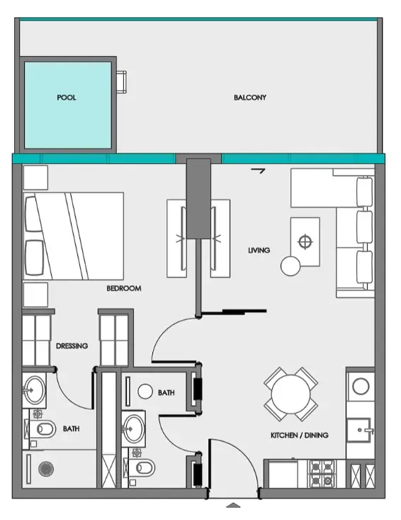 Samana Portside 1 bed floor plan, 786 sqft