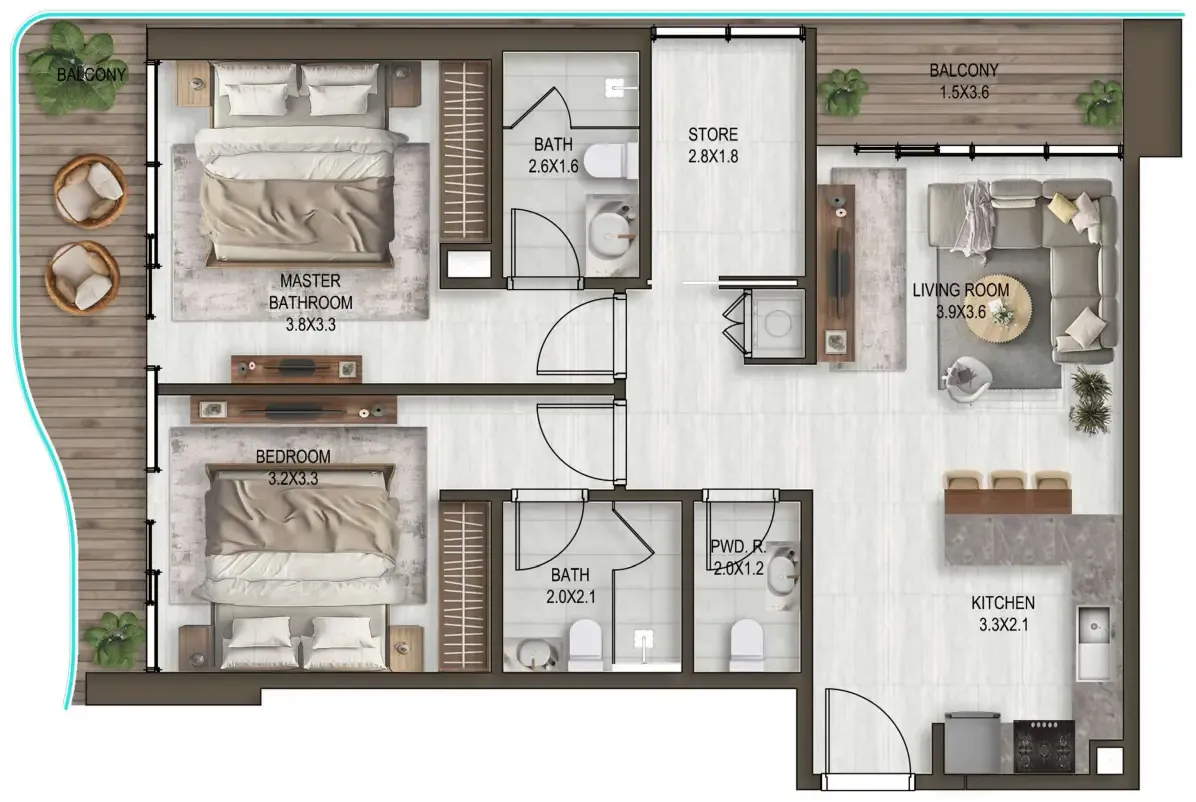 Noore 2 bed floor plan, 1,153 sqft
