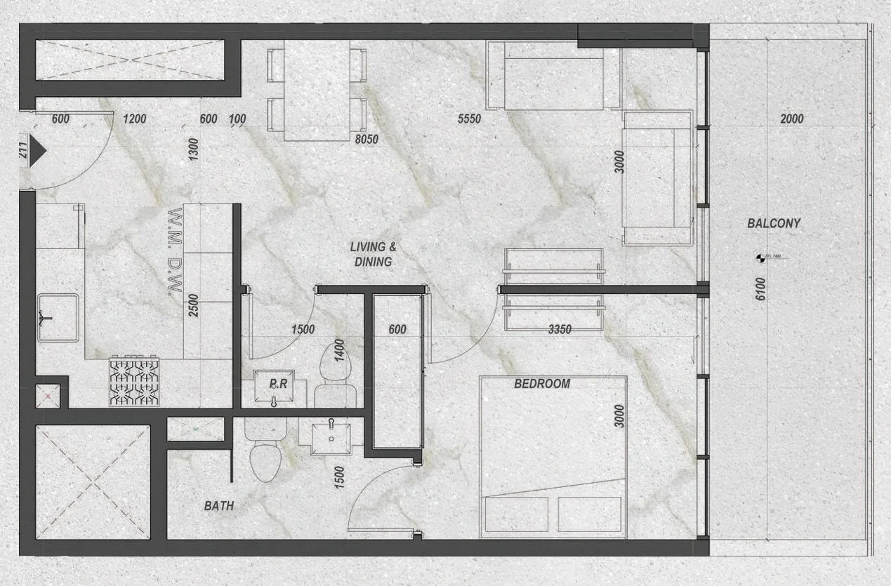 Zyra Hills 1 bed floor plan, 643 – 711 sqft