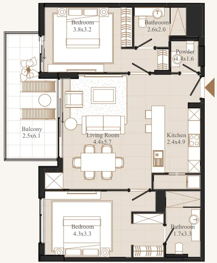 Flamingo LUX 2 bed floor plan, 1,157 sqft
