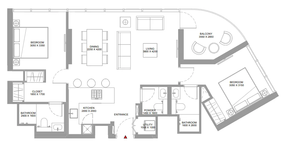 Pierside Marina Residences 2 bed floor plan, 1,021 – 1,022 sqft
