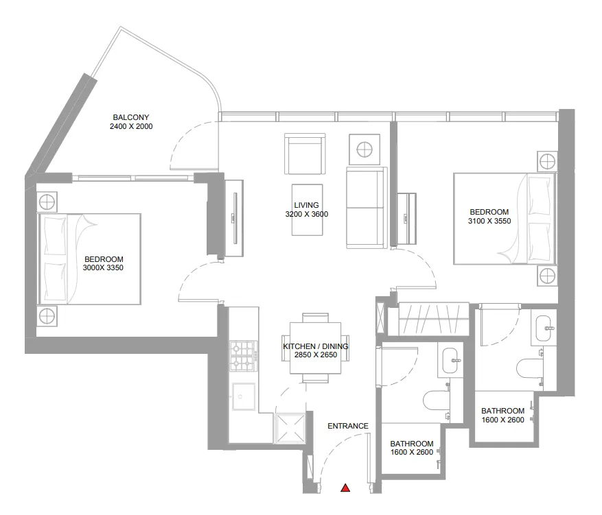 Bayside Marina Residences 2 bed floor plan, 705 – 709 sqft