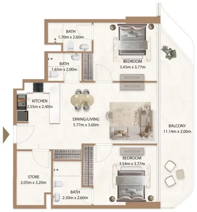 Veda by AUM Development 2 bed floor plan, 1,131 sqft