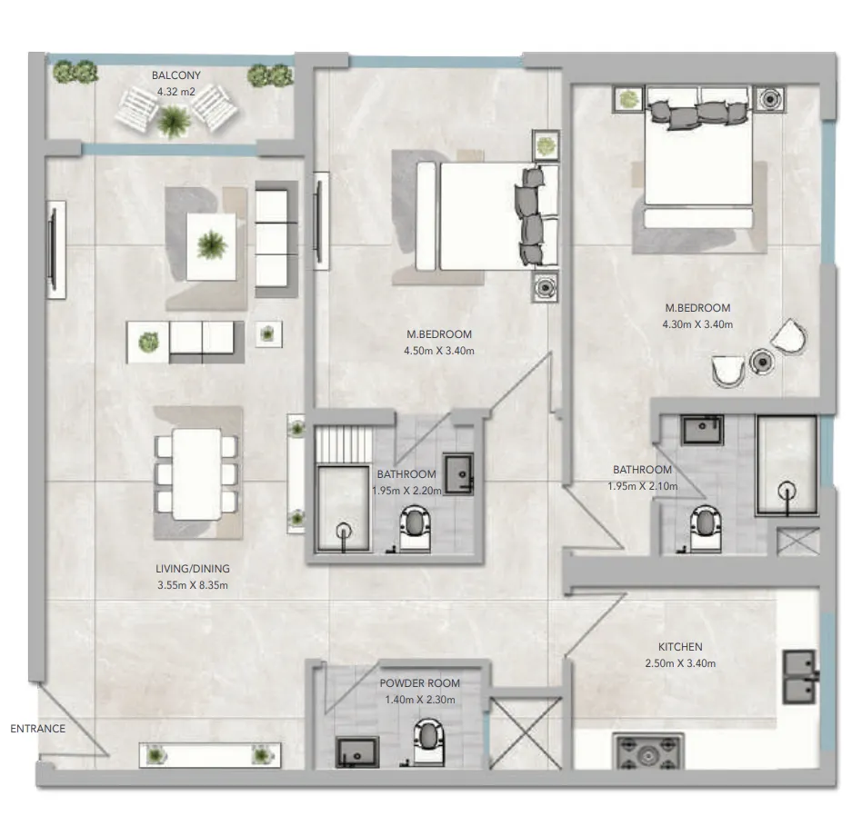 Al Aamra 3 Tower 2 bed floor plan, 1,515 sqft