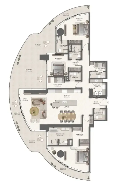 Jumeirah Residences at Al Maryah Island 3 bed floor plan, 3,178 – 3,524 sqft