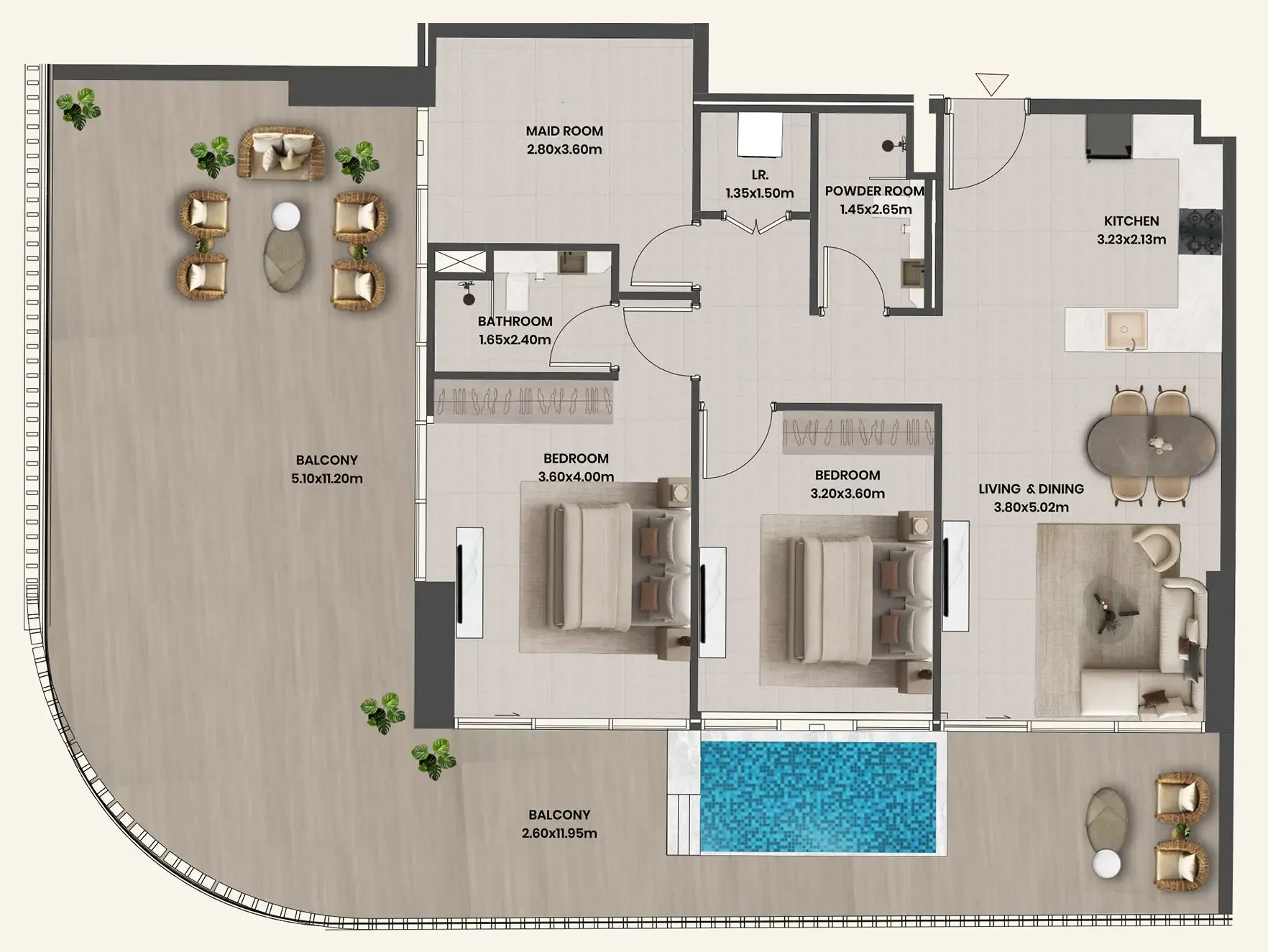 Divine Al Barari 2 bed floor plan, 1,933 sqft