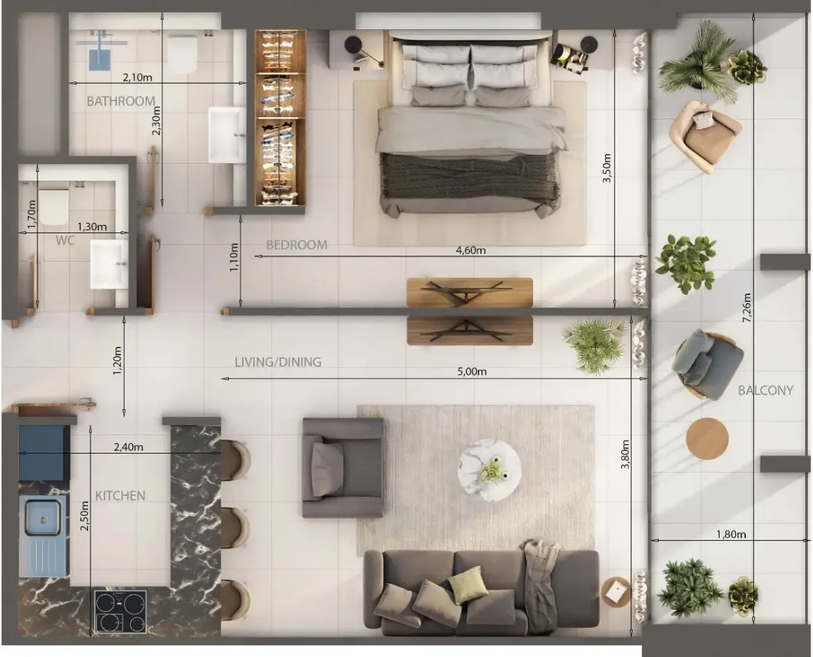 Oasis Lofts 1 bed floor plan, 750 sqft