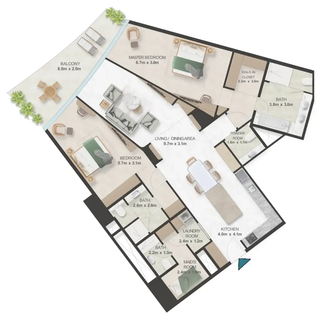 Oystra 2 bed floor plan, 1,846 sqft