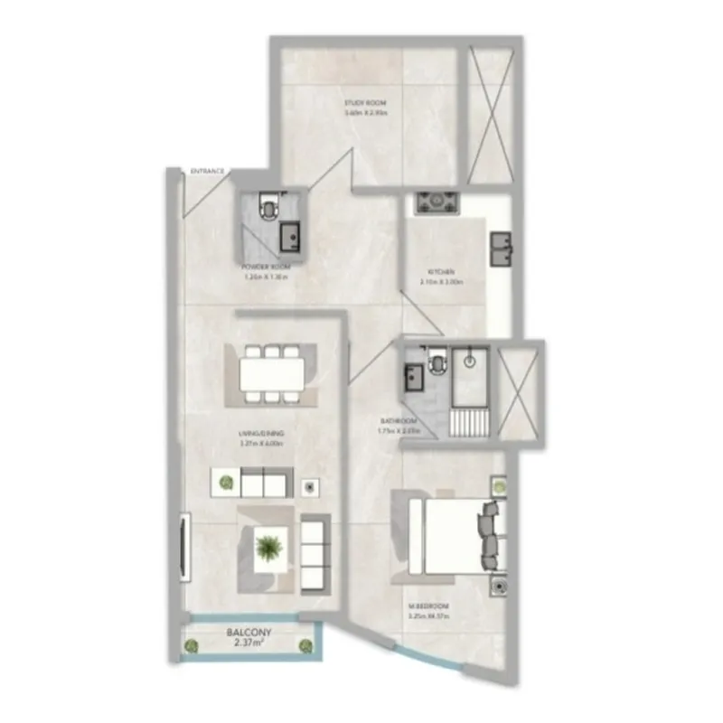 Al-Aamra 1 Tower 1 bed floor plan, 821 – 1,291 sqft