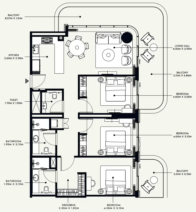 Azizi Venice 3 bed floor plan, 1,643 sqft