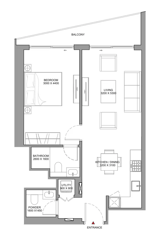 The Serene at Sobha Central 1 bed floor plan, 743 – 744 sqft