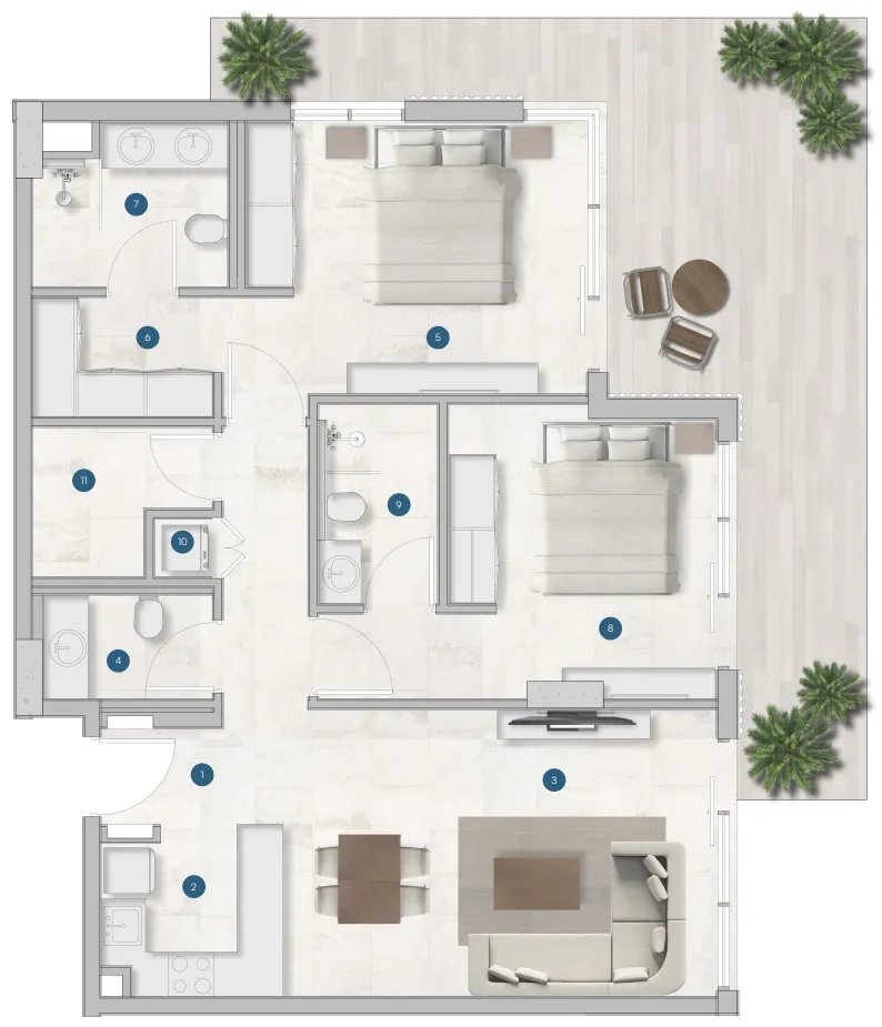 Sola Residences 2 bed floor plan, 1,341 sqft