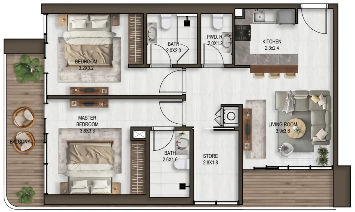 Noore 2 bed floor plan, 1,088 sqft