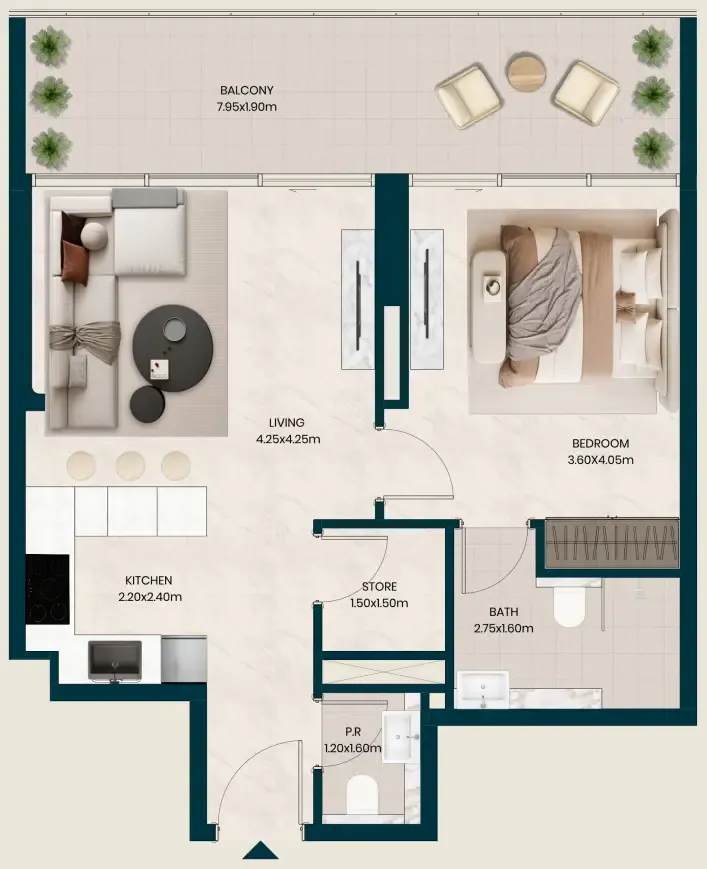 Kyomi Residences 1 bed floor plan, 776 sqft