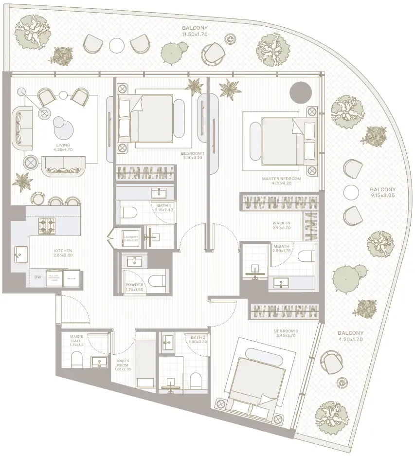 Park Five 3 bed floor plan, 2,028 sqft