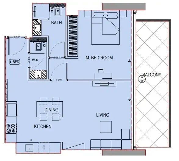 Binghatti Apex 1 bed floor plan, 834 sqft