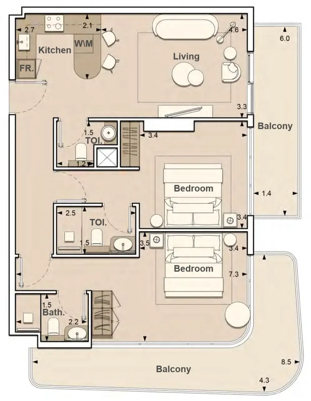 Lume Residences 2 bed floor plan, 1,118 sqft