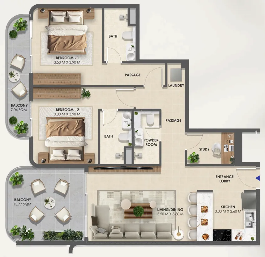 Vivida Residences 2 bed floor plan, 1,265 sqft