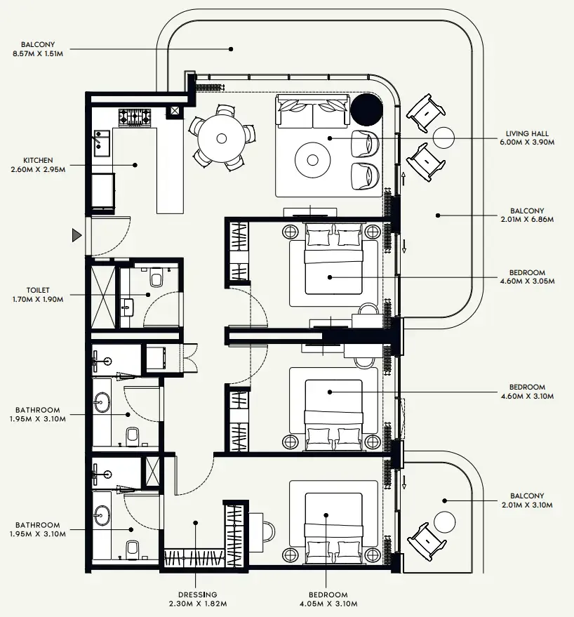 Azizi Venice 3 bed floor plan, 1,653 sqft