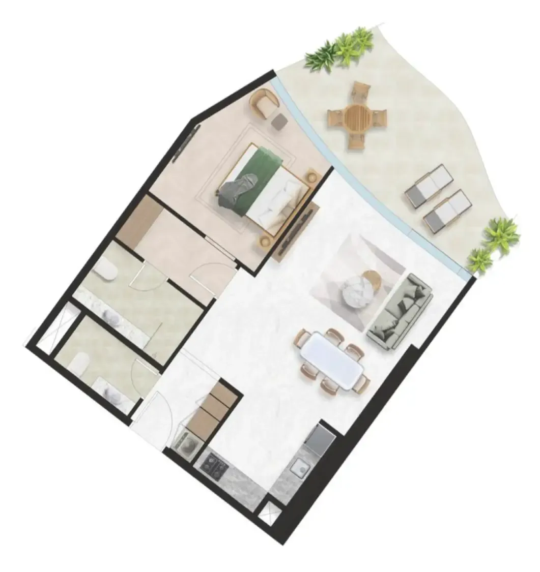 Oystra 1 bed floor plan, 957 sqft