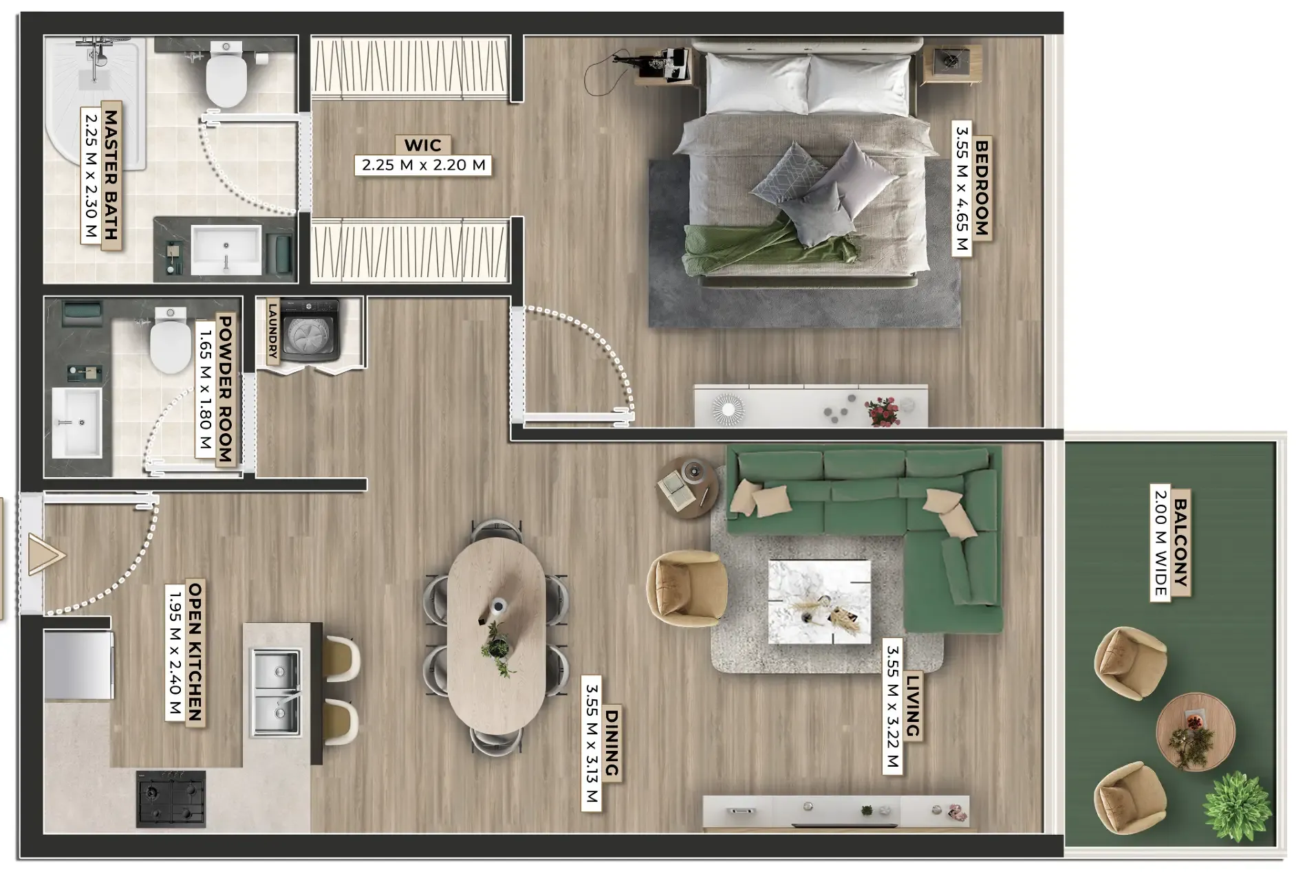 Firoza 1 bed floor plan, 822 sqft