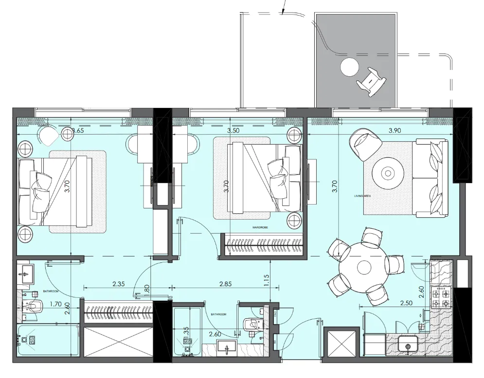 Azizi Wasel 2 bed floor plan, 966 sqft