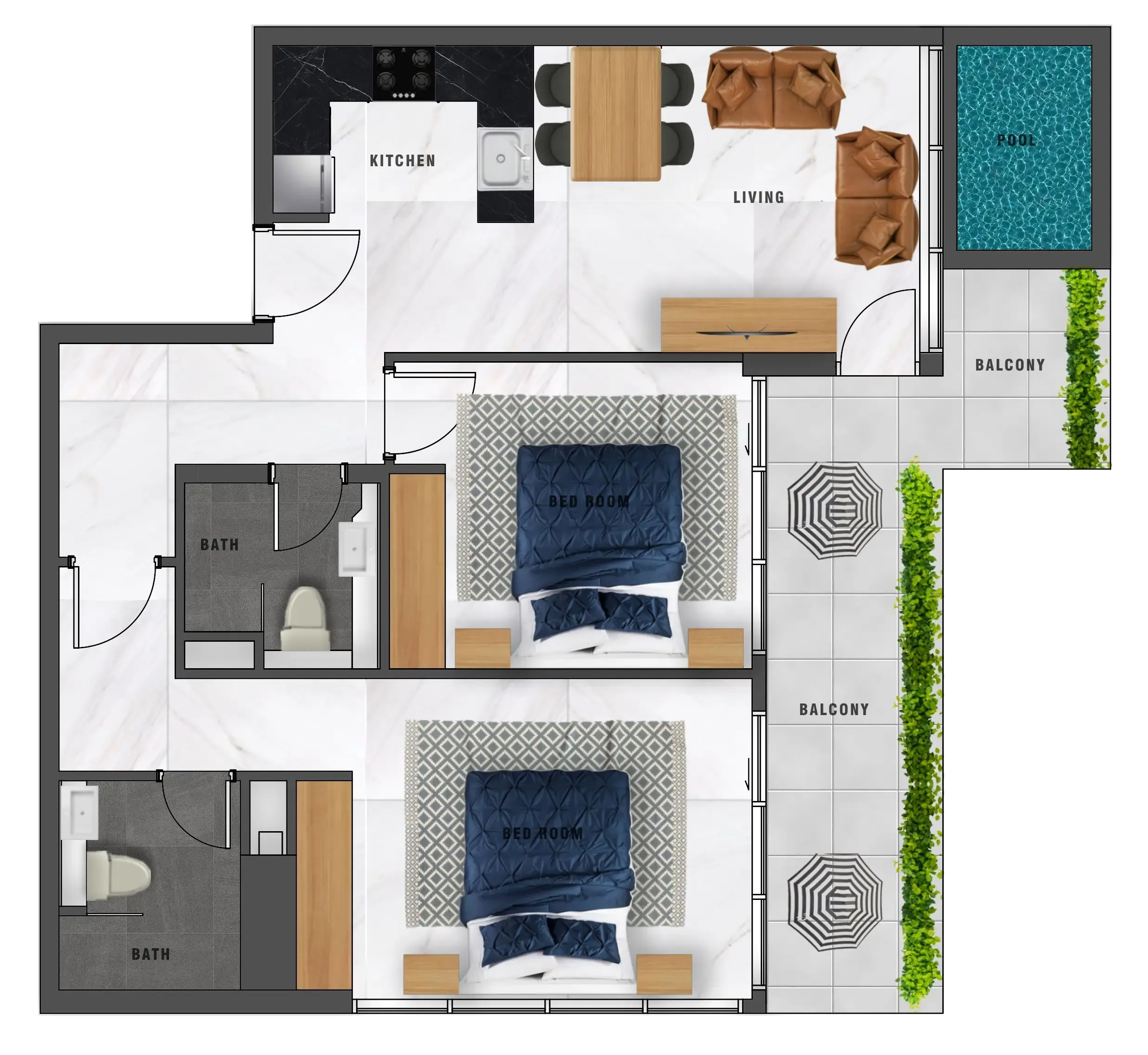 Samana Waves Phase II 2 bed floor plan, 1,100 sqft