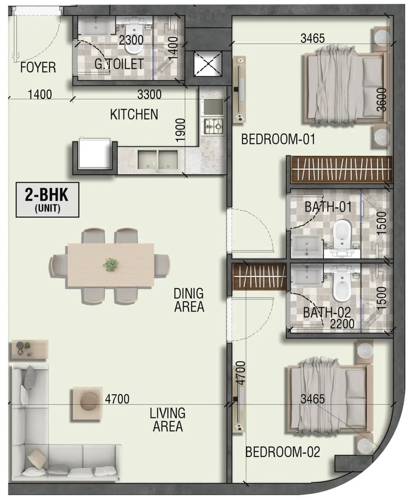 Ramada Residences by Wyndham in Dubai South 2 bed floor plan, 895 sqft