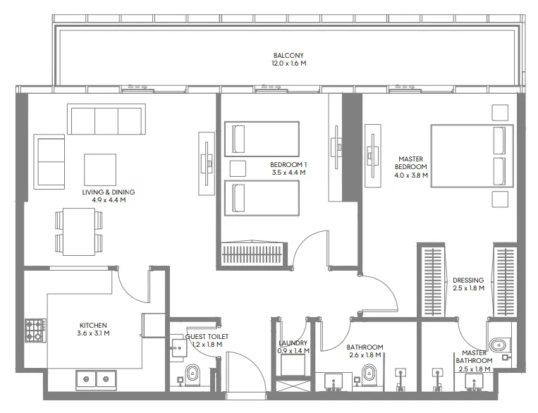 The Gate 3 and 4 2 bed floor plan, 1,290 sqft