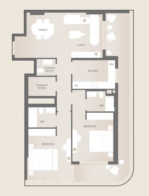 Cavara Central 2 bed floor plan, 1,275 – 1,435 sqft