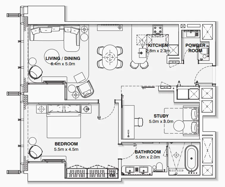 Burj Azizi 1 bed floor plan, 1,093 sqft