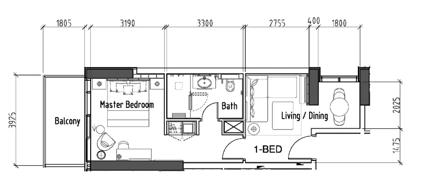 Damac Hills - Radisson Dubai 1 bed floor plan, 553 sqft