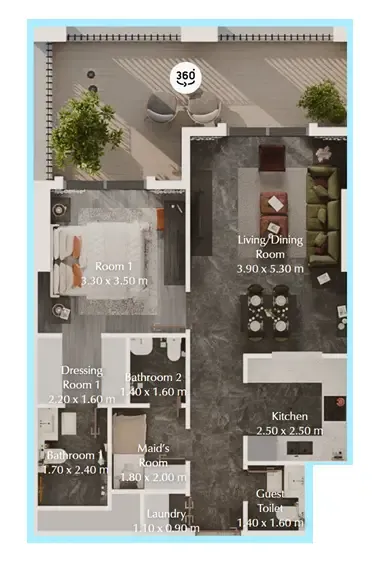Bab Al Qasr Garden Residences 65 1 bed floor plan, 904 – 910 sqft