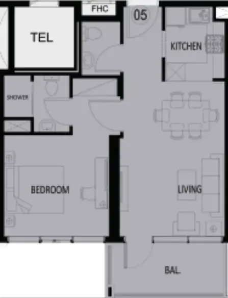 Elbrus 1 bed floor plan, 649 sqft