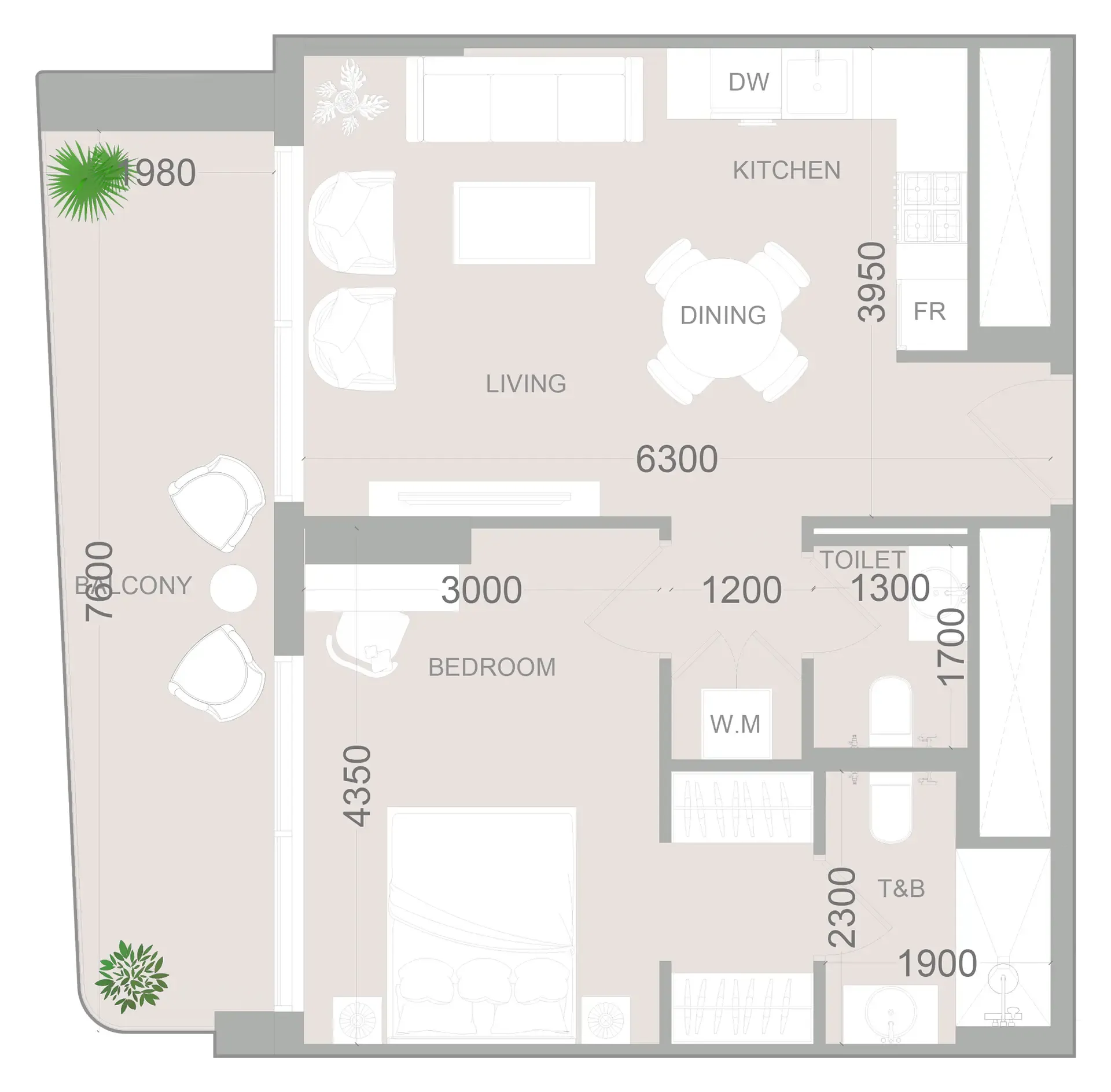 ELAR1S Sky 1 bed floor plan, 722 sqft
