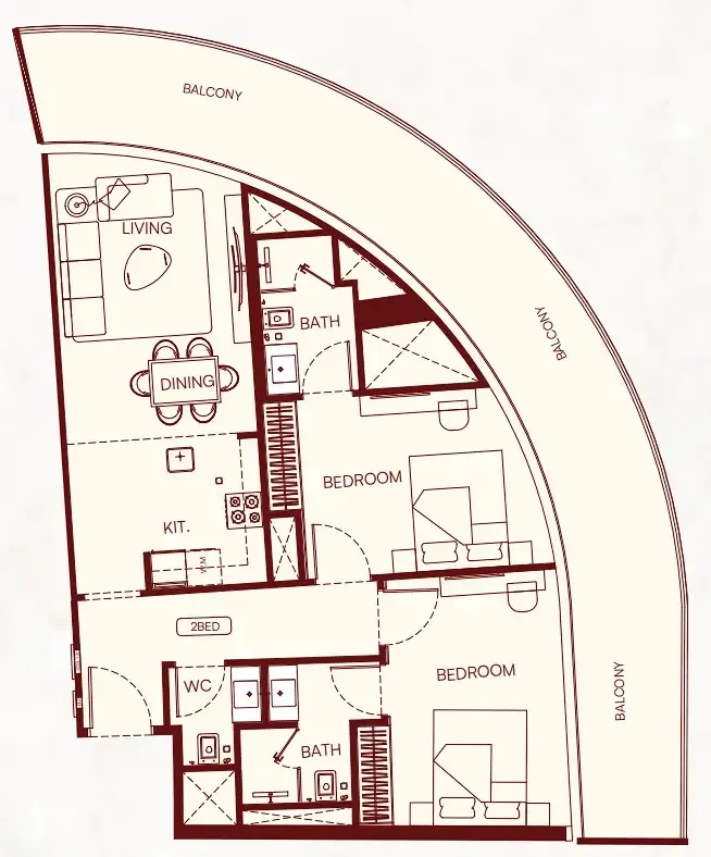 Binghatti Skyflame 2 bed floor plan, 1,212 – 1,254 sqft