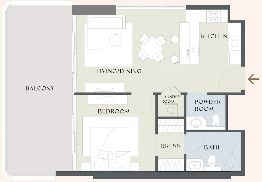 Chelsea Gardens 1 bed floor plan, 871 sqft