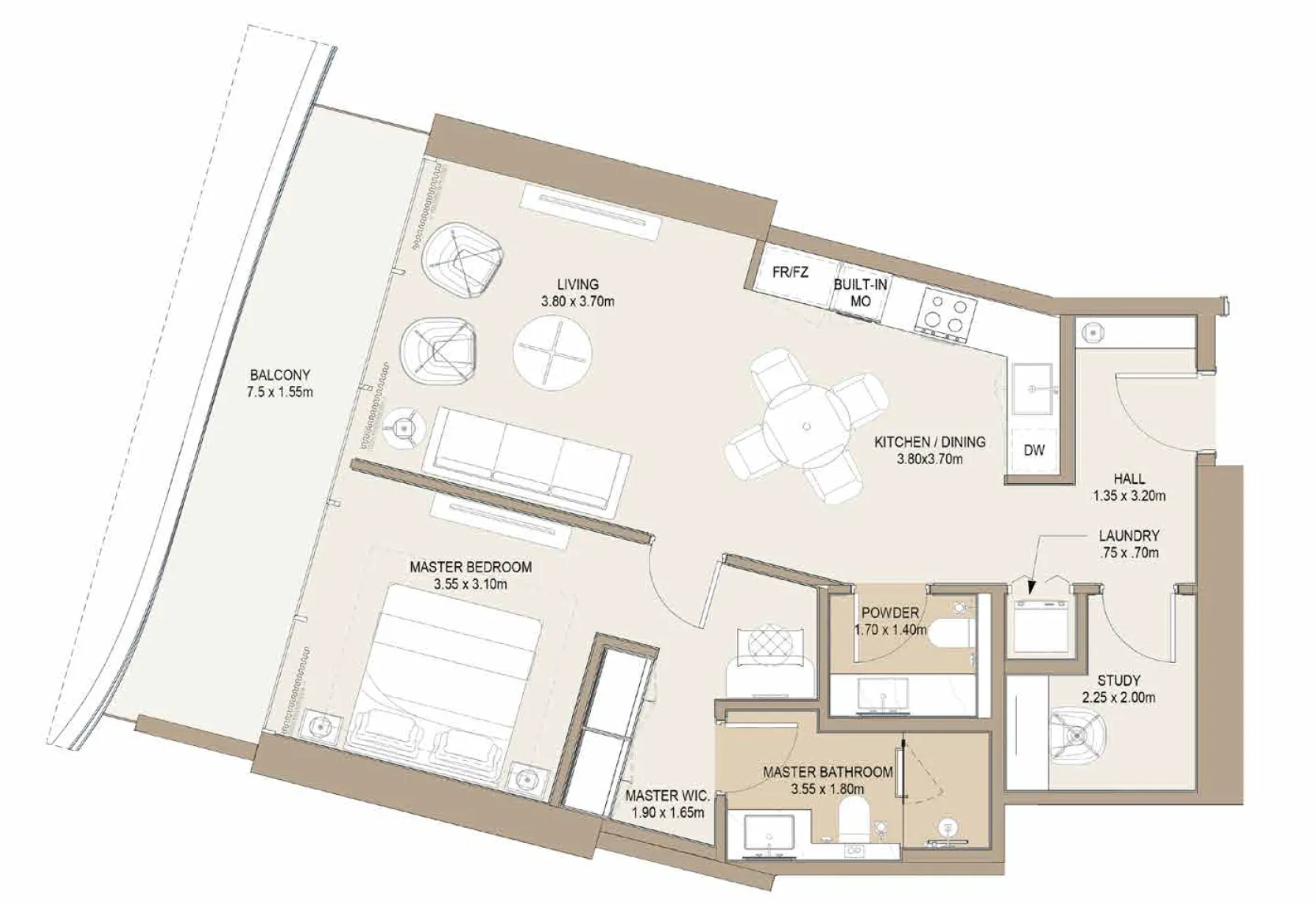 Laguna Residence 1 bed floor plan, 879 – 943 sqft