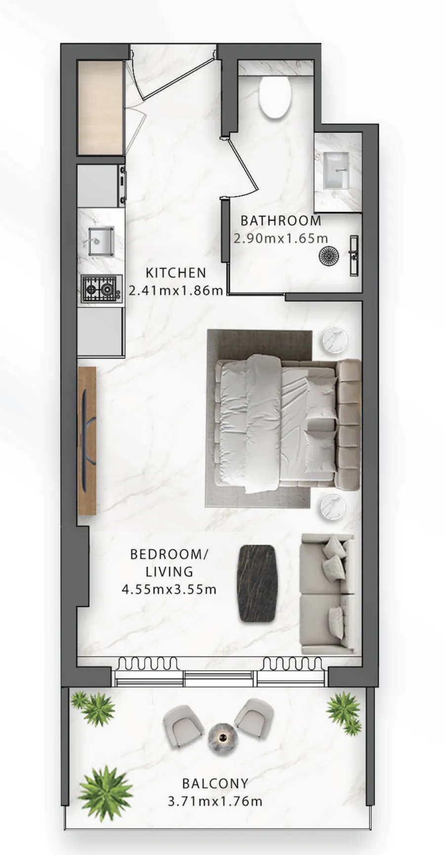 One Central Studio floor plan, 345 – 372 sqft