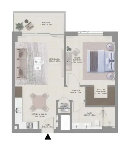 Aurea 1 bed floor plan, 799 sqft