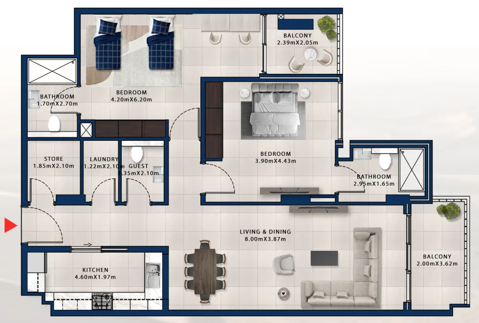 Asayel Avenue 2 bed floor plan, 1,381 sqft